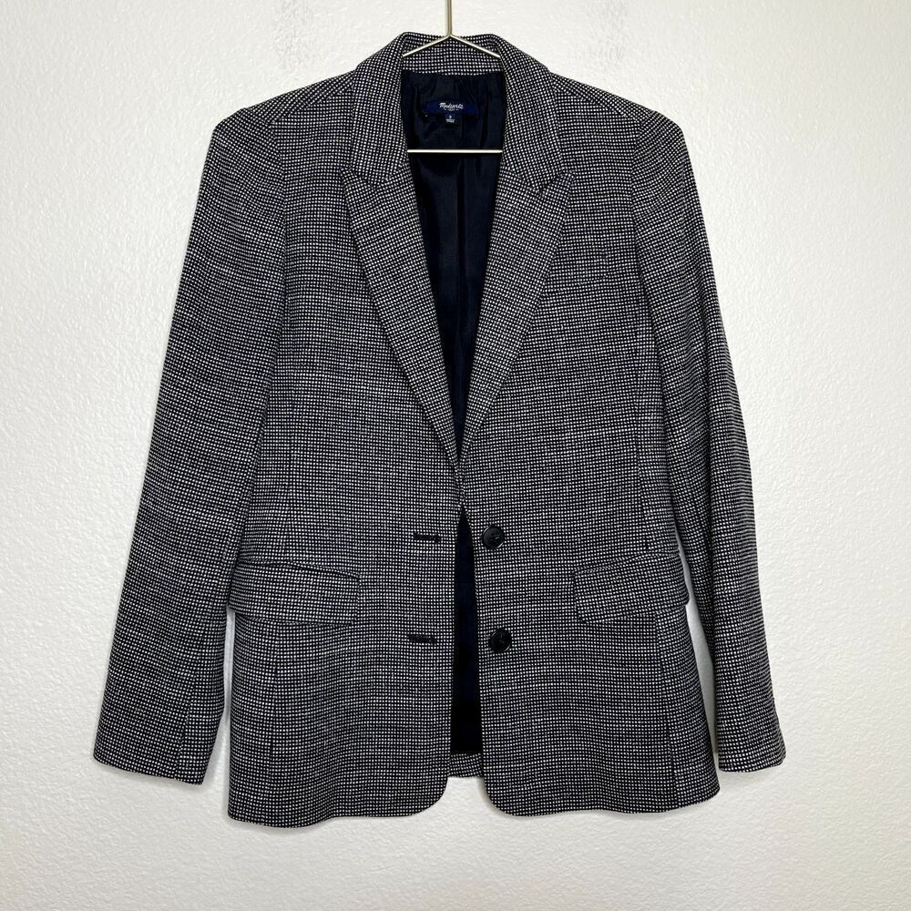Madewell Blazer Coat Size 2 Houndstooth Black White Wool Stretch Button Career